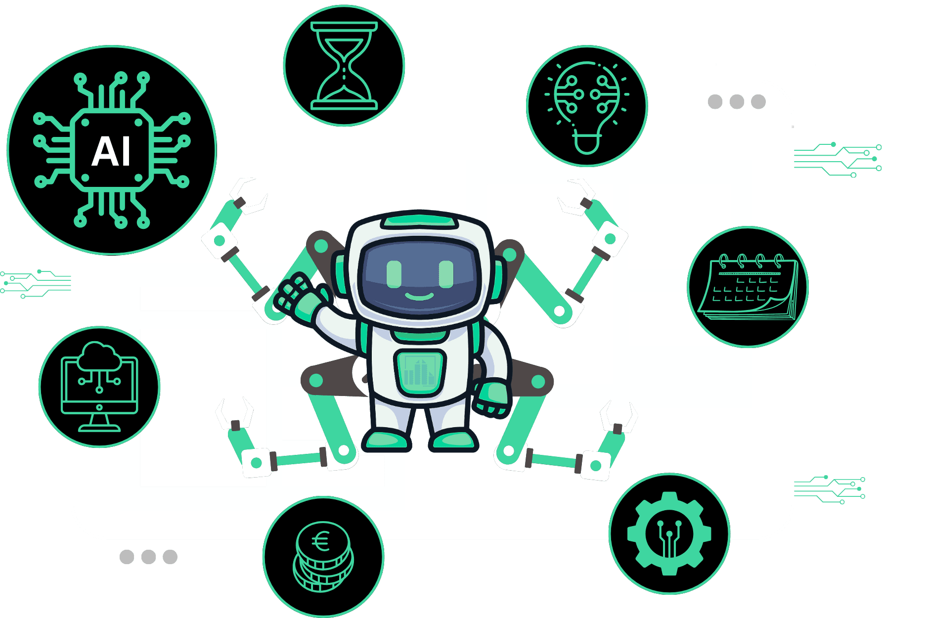 NuGround AI robot surrounded by technology icons representing AI, automation, scheduling, cloud computing, and cost savings